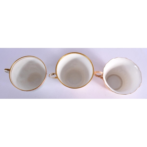 271 - Royal Worcester three cups and saucers, one blush ivory with flowers, one jewelled painted with bird... 