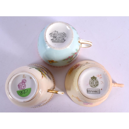 271 - Royal Worcester three cups and saucers, one blush ivory with flowers, one jewelled painted with bird... 