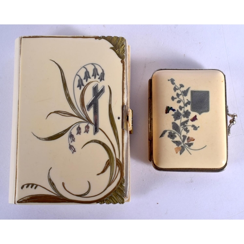 284 - AN ART DECO IVORINE SILVER INLAID LADIES CASED PURSE AND BOOK. Largest 10 cm x 7 cm.