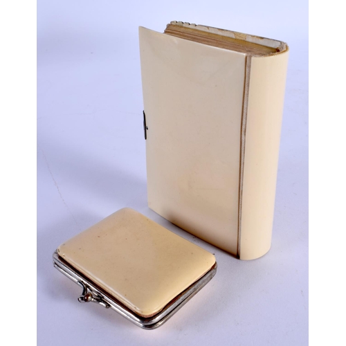 284 - AN ART DECO IVORINE SILVER INLAID LADIES CASED PURSE AND BOOK. Largest 10 cm x 7 cm.