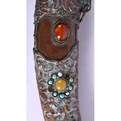 289 - AN ANTIQUE TIBETAN MIXED METAL DAGGER inset with stones. 31 cm long.