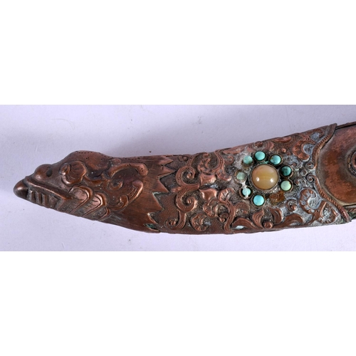 289 - AN ANTIQUE TIBETAN MIXED METAL DAGGER inset with stones. 31 cm long.