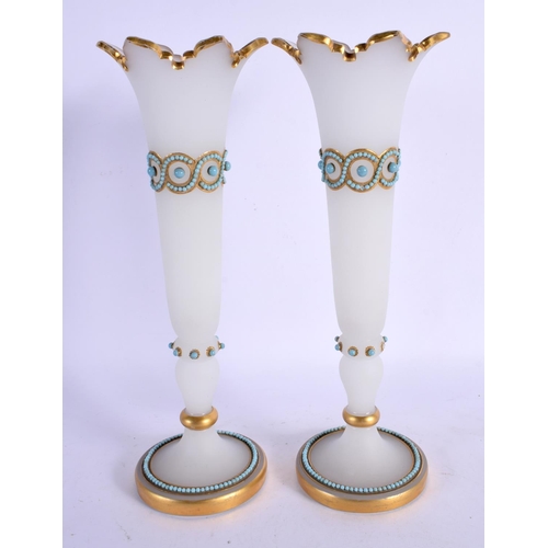 294 - A FINE PAIR OF ANTIQUE OPALINE GLASS VASES inset with turquoise. 28 cm high.