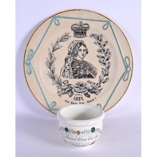 303 - A RARE ANTIQUE MINIATURE 'FOR A KISS' CHAMBER POT and an 1837 plate. 22 cm diameter. (2)