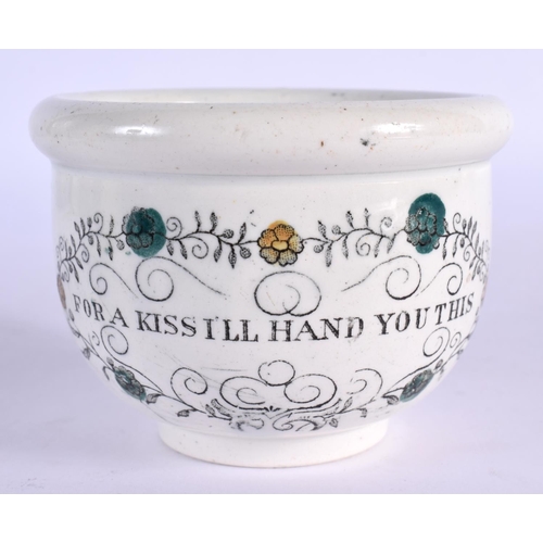 303 - A RARE ANTIQUE MINIATURE 'FOR A KISS' CHAMBER POT and an 1837 plate. 22 cm diameter. (2)