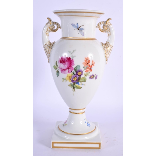 31 - A FINE KPM BERLIN TWIN HANDLED PORCELAIN VASE painted with flowers and insects. 21 cm high.