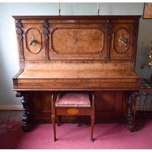 312 - A FINE ANTIQUE BURR WALNUT VOGEL PIANO with brass candle sconces. Note: The piano is kept off site, ... 