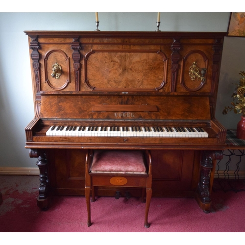 312 - A FINE ANTIQUE BURR WALNUT VOGEL PIANO with brass candle sconces. Note: The piano is kept off site, ... 