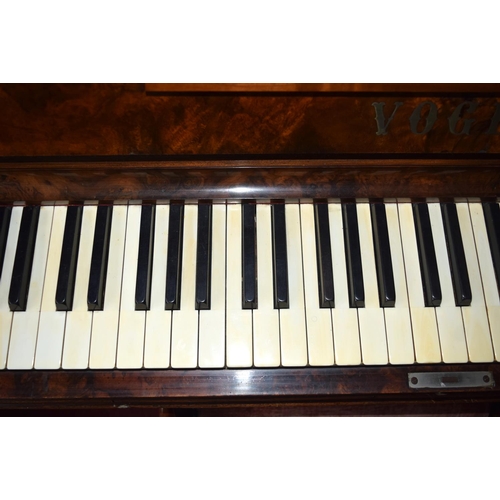 312 - A FINE ANTIQUE BURR WALNUT VOGEL PIANO with brass candle sconces. Note: The piano is kept off site, ... 