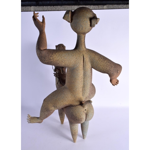 313 - A RARE LARGE 1980S STUDIO POTTERY STONEWARE FIGURE by Ramsey, modelled as a figure upon horse. 70 cm... 