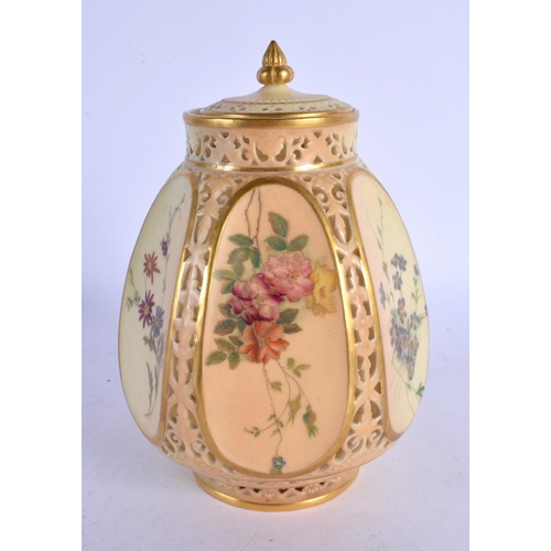 322 - AN ANTIQUE BLUSH IVORY POT POURRI AND COVER painted with flowers. 16 cm high.