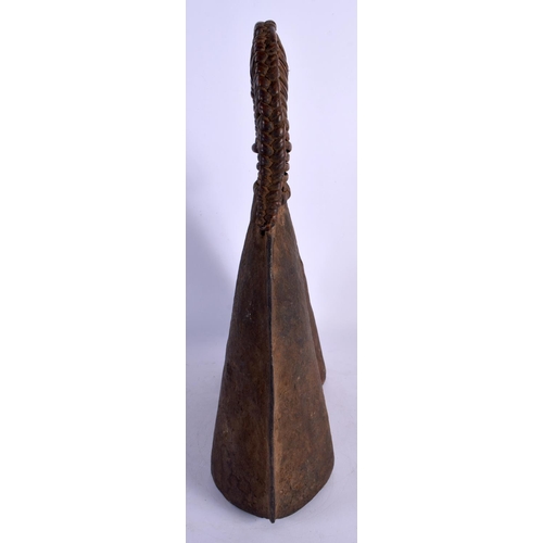 326 - AN UNUSUAL TRIBAL IRON BELL. 32 cm x 24 cm.