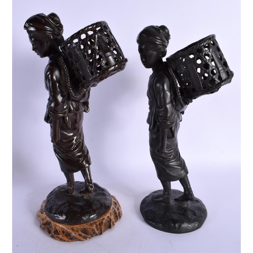 335 - A PAIR OF 19TH CENTURY JAPANESE MEIJI PERIOD BRONZE OKIMONO modelled as roaming females. 30 cm high.