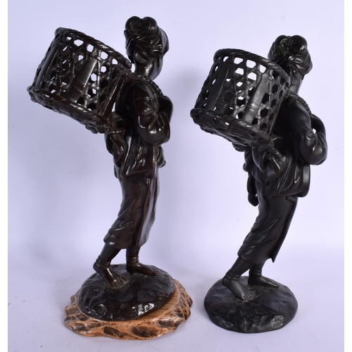 335 - A PAIR OF 19TH CENTURY JAPANESE MEIJI PERIOD BRONZE OKIMONO modelled as roaming females. 30 cm high.