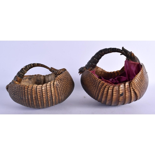 336 - A RARE PAIR OF EARLY 20TH CENTURY ARMADILLO BASKETS. 15 cm x 18 cm.