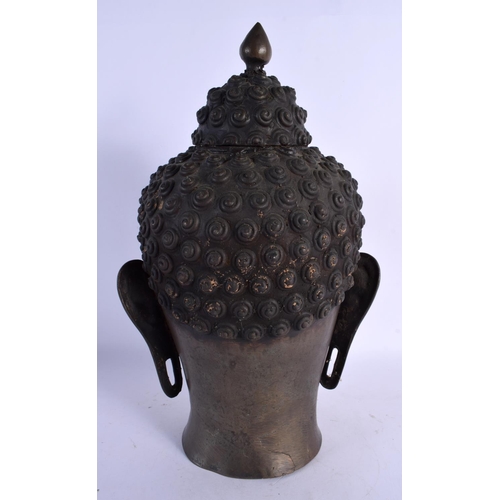 347 - A LARGE 19TH CENTURY CHINESE BRONZE BUDDHA HEAD with moonstone inlay. 38 cm x 14 cm.