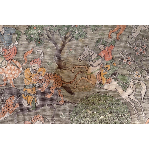 350 - A RARE EARLY 20TH CENTURY INDIAN WHITE AND YELLOW METAL LADIES SILK BAG decorated with hunting scene... 