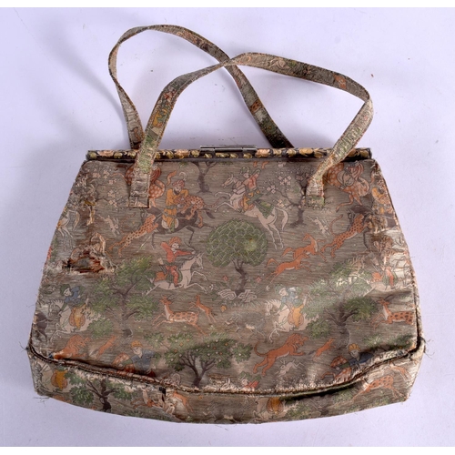 350 - A RARE EARLY 20TH CENTURY INDIAN WHITE AND YELLOW METAL LADIES SILK BAG decorated with hunting scene... 