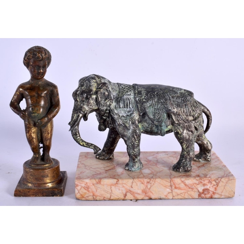 352 - AN ANTIQUE BELGIAN BRONZE FIGURE OF A NUDE BOY together with 1920 Indian figure of an elephant. Larg... 