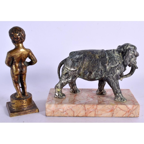 352 - AN ANTIQUE BELGIAN BRONZE FIGURE OF A NUDE BOY together with 1920 Indian figure of an elephant. Larg... 