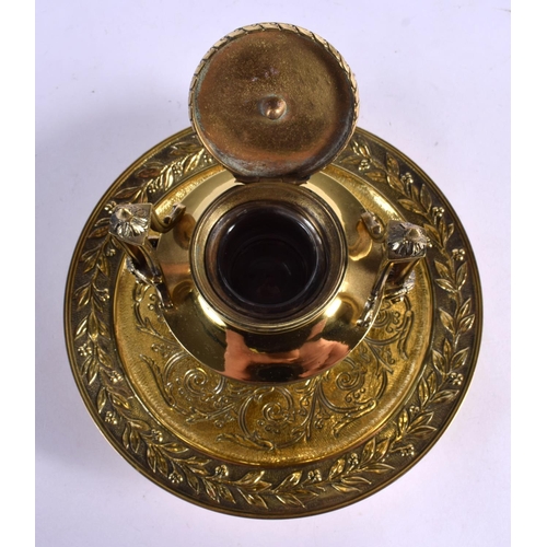 355 - AN ANTIQUE BRASS INKWELL together with a sewing reel holder and assorted pewter. (qty)