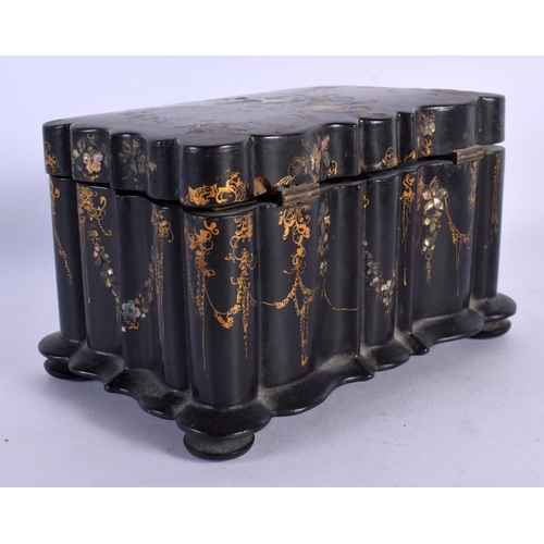 361 - A VICTORIAN BLACK LACQUER MOTHER OF PEARL INLAID TEA CADDY decorated with foliage. 17 cm x 12 cm.