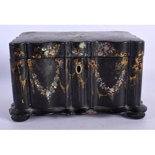 361 - A VICTORIAN BLACK LACQUER MOTHER OF PEARL INLAID TEA CADDY decorated with foliage. 17 cm x 12 cm.