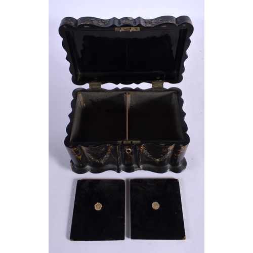 361 - A VICTORIAN BLACK LACQUER MOTHER OF PEARL INLAID TEA CADDY decorated with foliage. 17 cm x 12 cm.