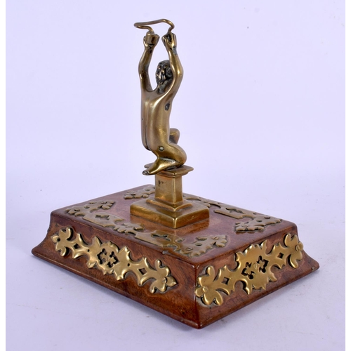 362 - A VICTORIAN BURR WALNUT AND BRASS MOUNTED DESK STAND possibly a watch holder. 12 cm x 15 cm.