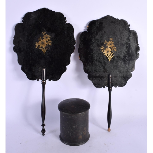 368 - A PAIR OF 19TH CENTURY CHINOISERIE BLACK LACQUER COUNTRY HOUSE FANS together with a similar box and ... 