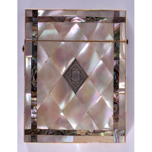 370 - A VICTORIAN MOTHER OF PEARL SILVER INLAID SILVER MOUNTED CARD CASE. 10 cm x 9 cm.