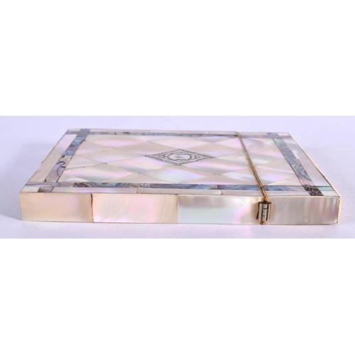 370 - A VICTORIAN MOTHER OF PEARL SILVER INLAID SILVER MOUNTED CARD CASE. 10 cm x 9 cm.