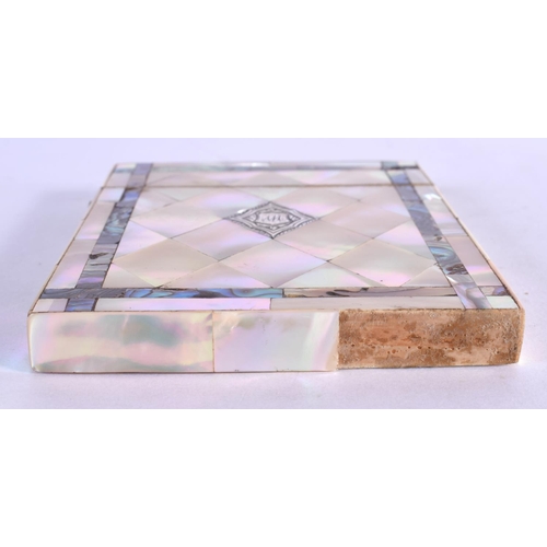 370 - A VICTORIAN MOTHER OF PEARL SILVER INLAID SILVER MOUNTED CARD CASE. 10 cm x 9 cm.