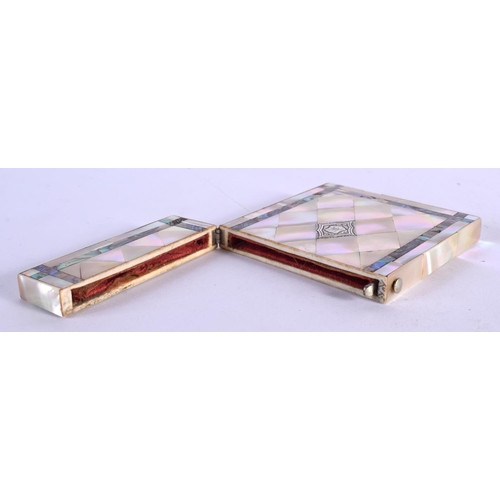 370 - A VICTORIAN MOTHER OF PEARL SILVER INLAID SILVER MOUNTED CARD CASE. 10 cm x 9 cm.