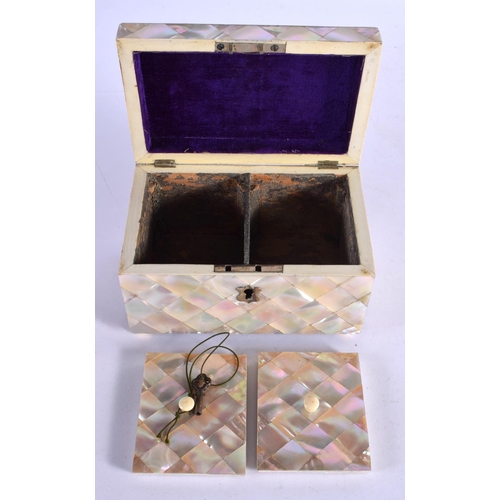 372 - A LATE VICTORIAN MOTHER OF PEARL INLAID TEA CADDY. 15 cm x 10 cm.