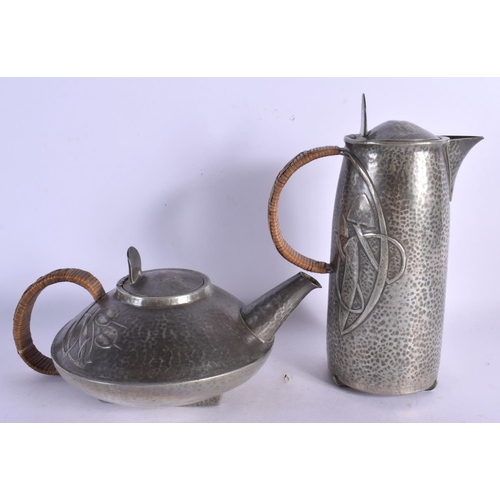 373 - AN ARTS AND CRAFTS STYLE ENGLISH PEWTER TEASET with tray, decorated with scrolling foliage. Largest ... 