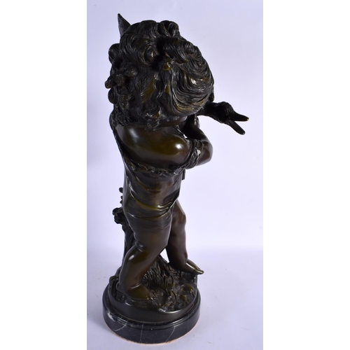 379 - French School (20th Century) Bronze, Boy holding a howling duck. 54 cm x 22 cm.