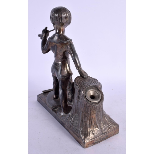 380 - AN UNUSUAL ART DECO SILVER PLATED VESTA STRIKING FIGURE formed as Peter Pan. 19 cm x 15 cm.