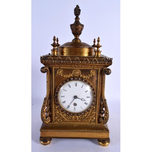 390 - A VERY RARE 18TH/19TH CENTURY CHINESE MARKET GILT METAL MANTEL CLOCK with jewelled dial, decorated w... 