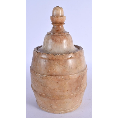 411 - A 19TH CENTURY ITALIAN CARVED ALABASTER TOBACCO JAR AND COVER. 22 cm x 9 cm.