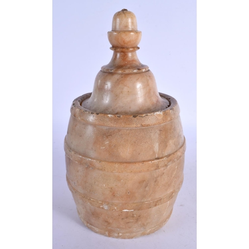 411 - A 19TH CENTURY ITALIAN CARVED ALABASTER TOBACCO JAR AND COVER. 22 cm x 9 cm.