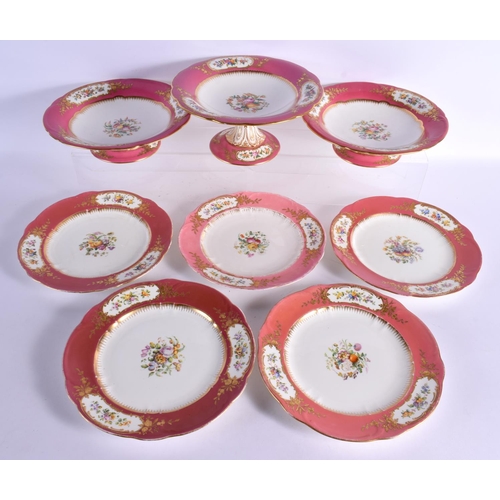 42 - A GOOD MID 19TH CENTURY ENGLISH PORCELAIN DANIELL DESSERT SERVICE painted with foliage upon a pink g... 