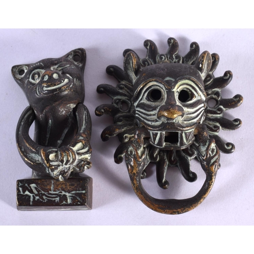 421 - TWO CHARMING NOVELTY BRONZE DOOR KNOCKERS. Largest 7.5 cm x 5.5 cm. (2)