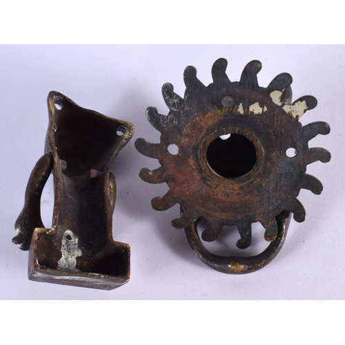 421 - TWO CHARMING NOVELTY BRONZE DOOR KNOCKERS. Largest 7.5 cm x 5.5 cm. (2)