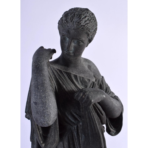 430 - A LARGE ANTIQUE FRENCH SPELTER FIGURE OF A FEMALE upon a slate base. 43 cm high.