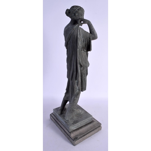 430 - A LARGE ANTIQUE FRENCH SPELTER FIGURE OF A FEMALE upon a slate base. 43 cm high.