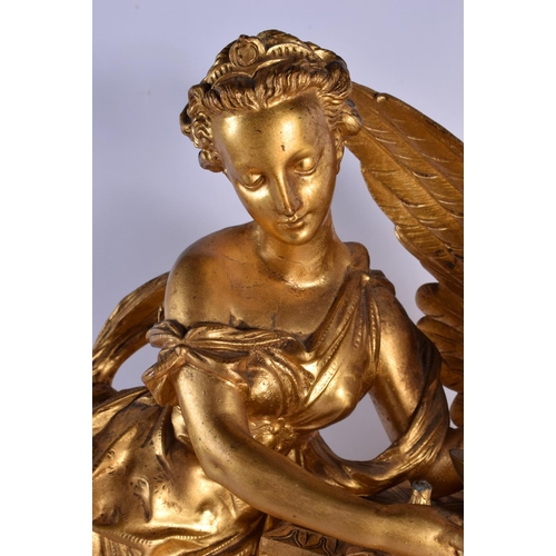 440 - A LARGE 19TH CENTURY FRENCH GILT BRONZE MANTEL CLOCK formed with a figure beside a bird. 54 cm x 28 ... 