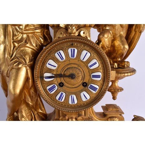 440 - A LARGE 19TH CENTURY FRENCH GILT BRONZE MANTEL CLOCK formed with a figure beside a bird. 54 cm x 28 ... 