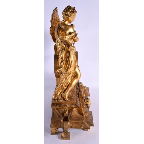 440 - A LARGE 19TH CENTURY FRENCH GILT BRONZE MANTEL CLOCK formed with a figure beside a bird. 54 cm x 28 ... 