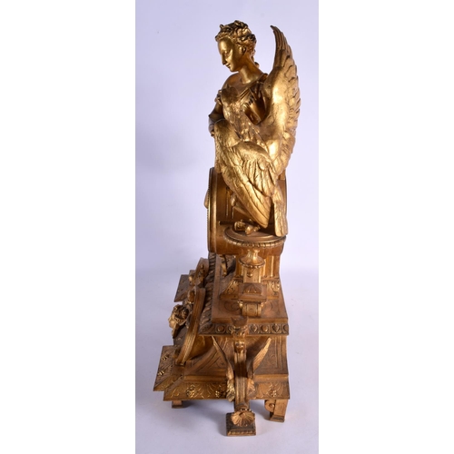 440 - A LARGE 19TH CENTURY FRENCH GILT BRONZE MANTEL CLOCK formed with a figure beside a bird. 54 cm x 28 ... 